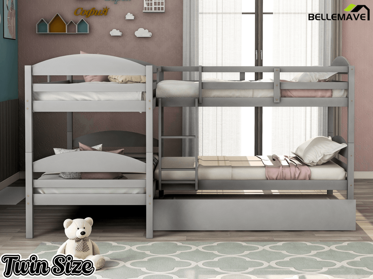 Bellemave® L - Shaped Quad Bunk Bed with Trundle, Twin Over Twin, Gray, 4 Beds - Bellemave