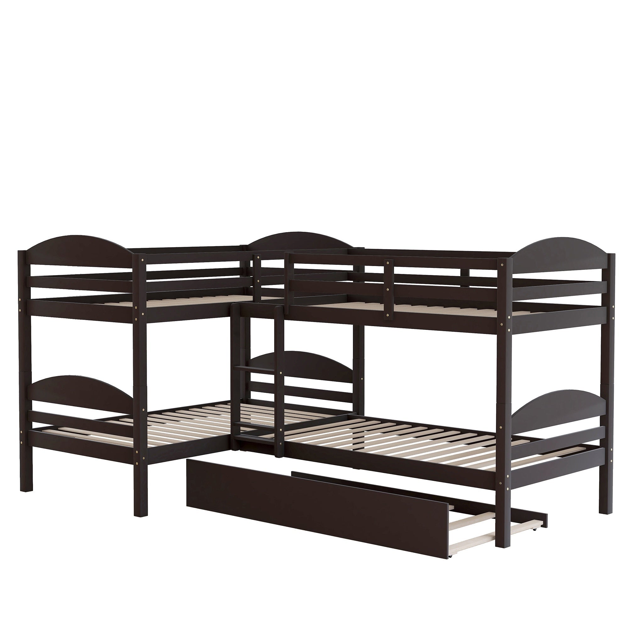 Bellemave® L - Shaped Quad Bunk Bed with Trundle, Twin Over Twin, Gray, 4 Beds - Bellemave