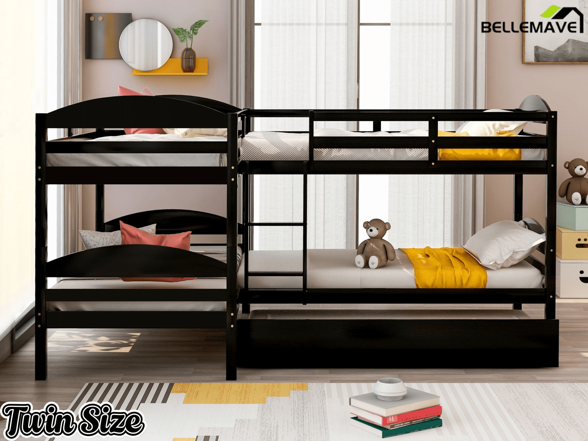 Bellemave® L - Shaped Quad Bunk Bed with Trundle, Twin Over Twin, Gray, 4 Beds - Bellemave