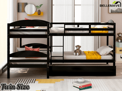 Bellemave® L - Shaped Quad Bunk Bed with Trundle, Twin Over Twin, Gray, 4 Beds - Bellemave