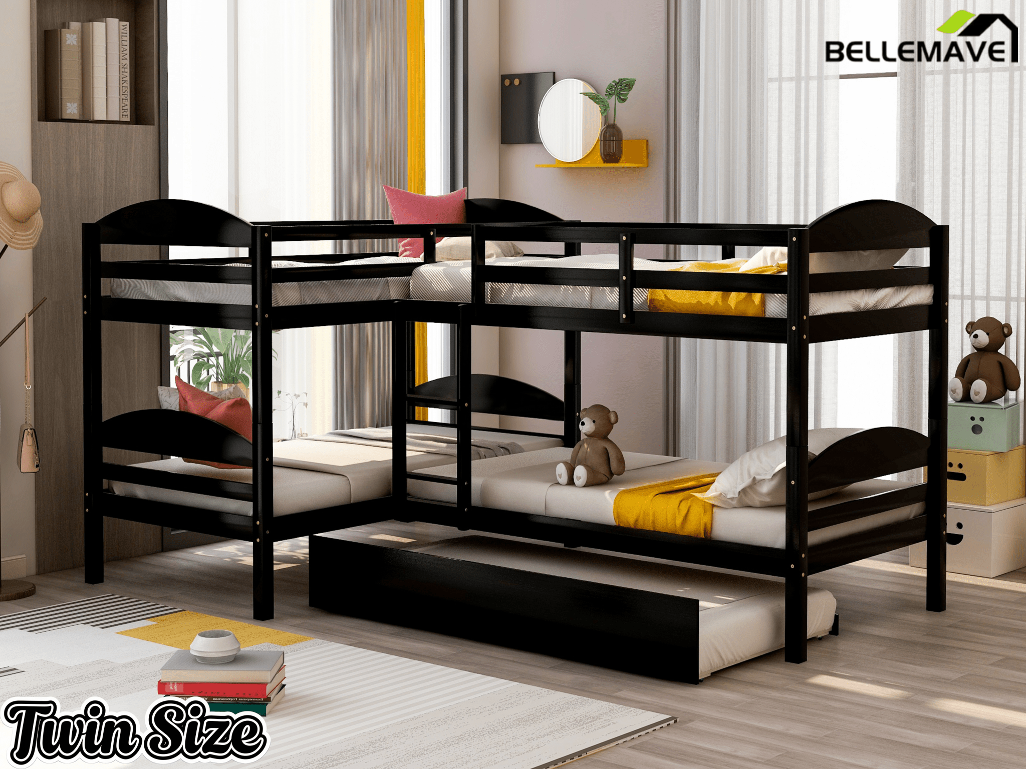Bellemave® L - Shaped Quad Bunk Bed with Trundle, Twin Over Twin, Gray, 4 Beds - Bellemave