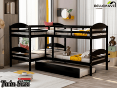 Bellemave® L - Shaped Quad Bunk Bed with Trundle, Twin Over Twin, Gray, 4 Beds - Bellemave