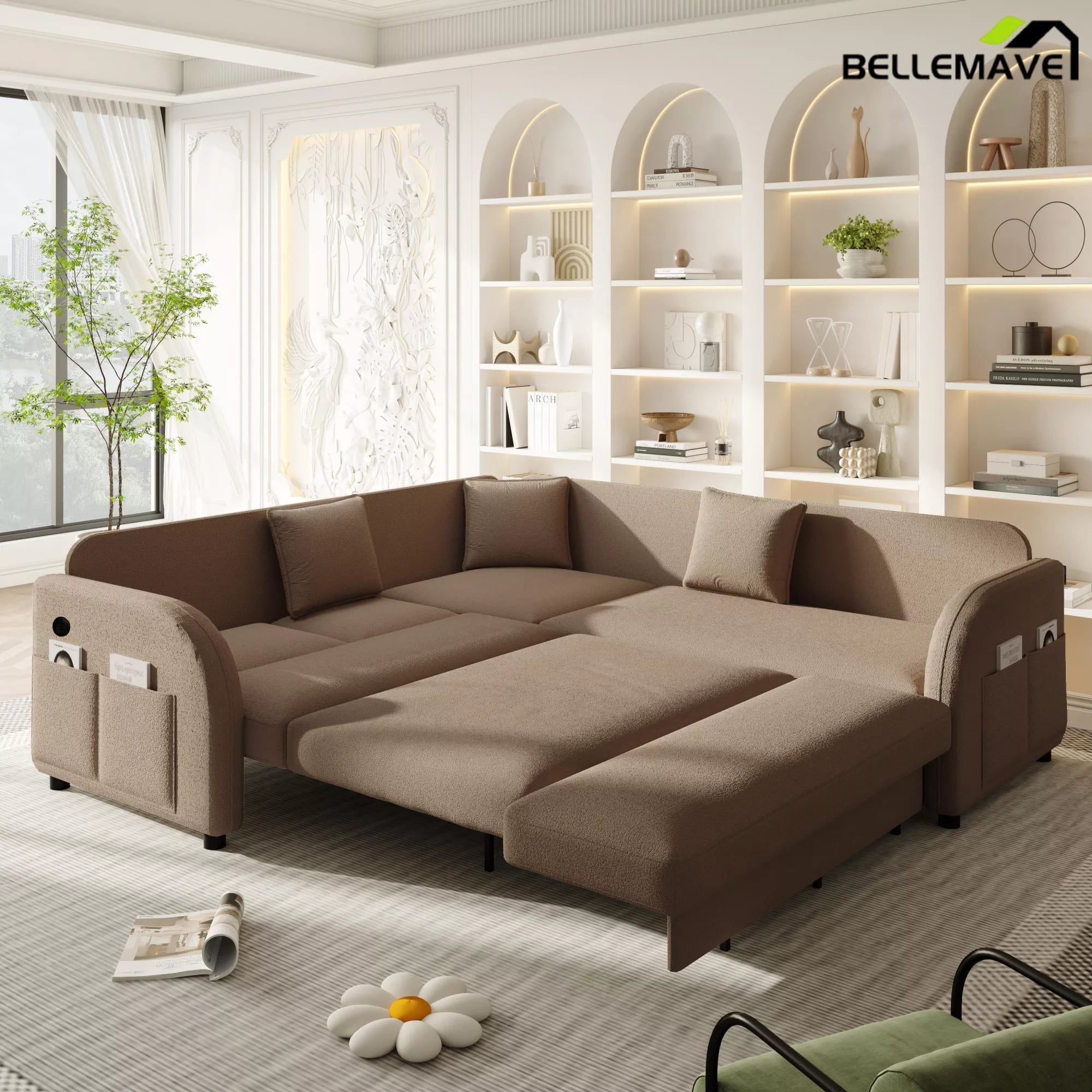 Brown sleeper sofa bed extended position