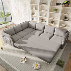 Gray pull out bed sofa open configuration