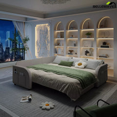 Gray convertible sofa bed bedroom setup
