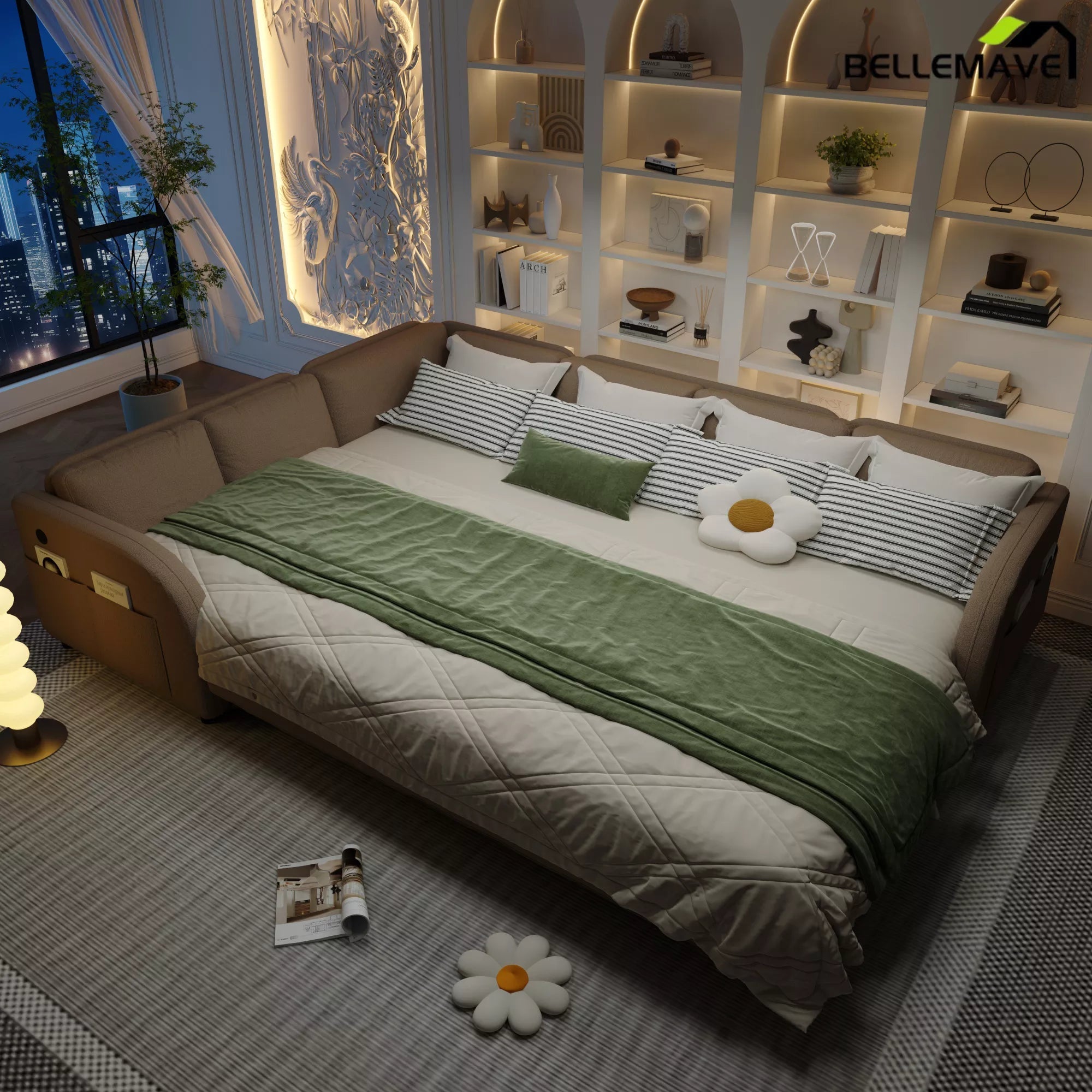 Brown sofa bed nighttime sleeping setup