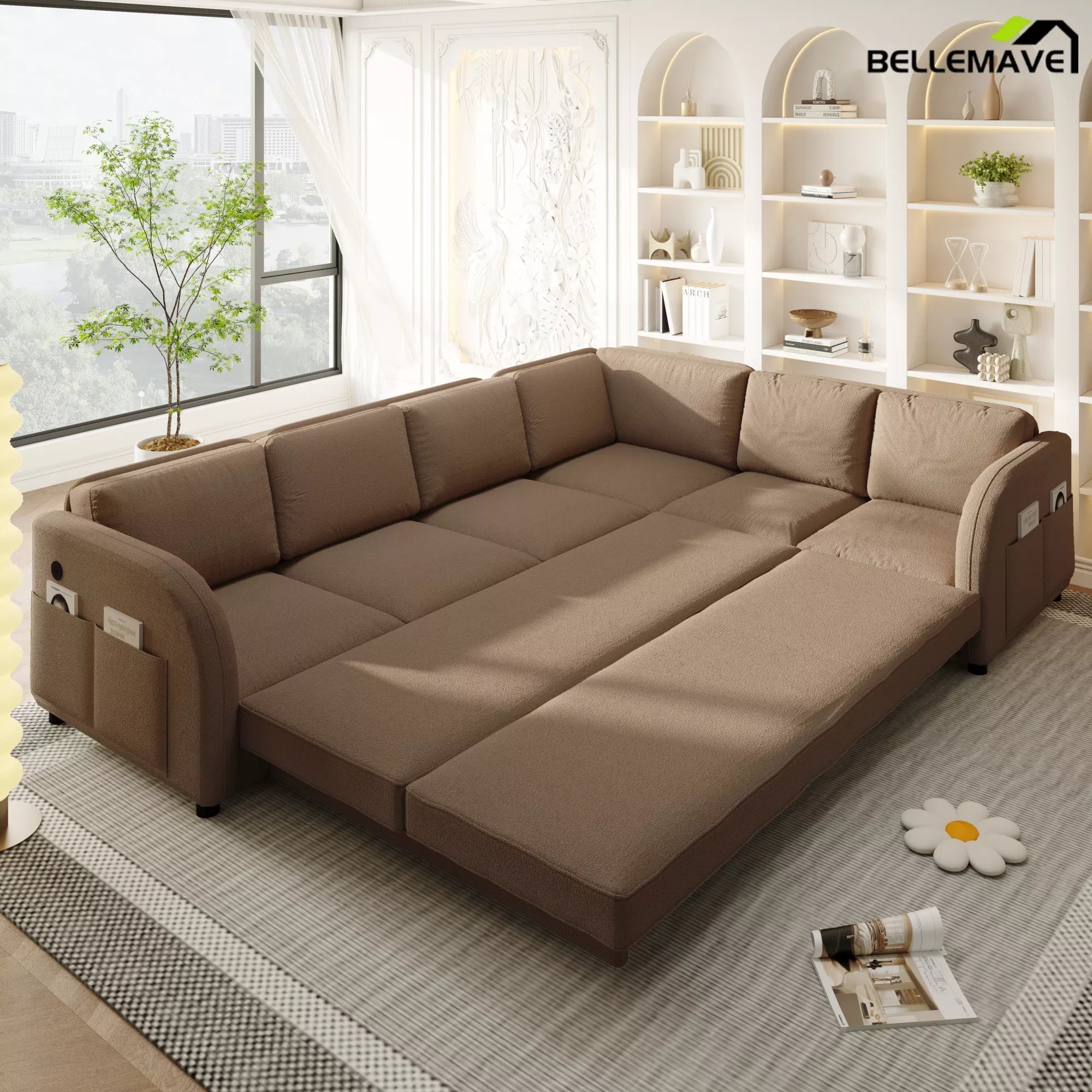 Brown sectional sofa bed front view