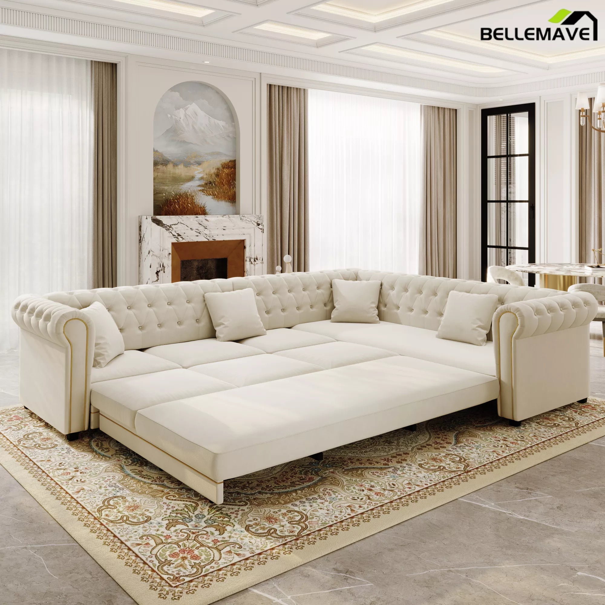 Bellemave® L-Shaped Sleeper Sofa with Pull Out Bed, Convertible Velvet Sectional Couch with Deep Seating and Chesterfield Style - Bellemave