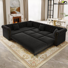 Bellemave® L-Shaped Sleeper Sofa with Pull Out Bed, Convertible Velvet Sectional Couch with Deep Seating and Chesterfield Style - Bellemave