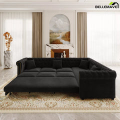 Bellemave® L-Shaped Sleeper Sofa with Pull Out Bed, Convertible Velvet Sectional Couch with Deep Seating and Chesterfield Style - Bellemave