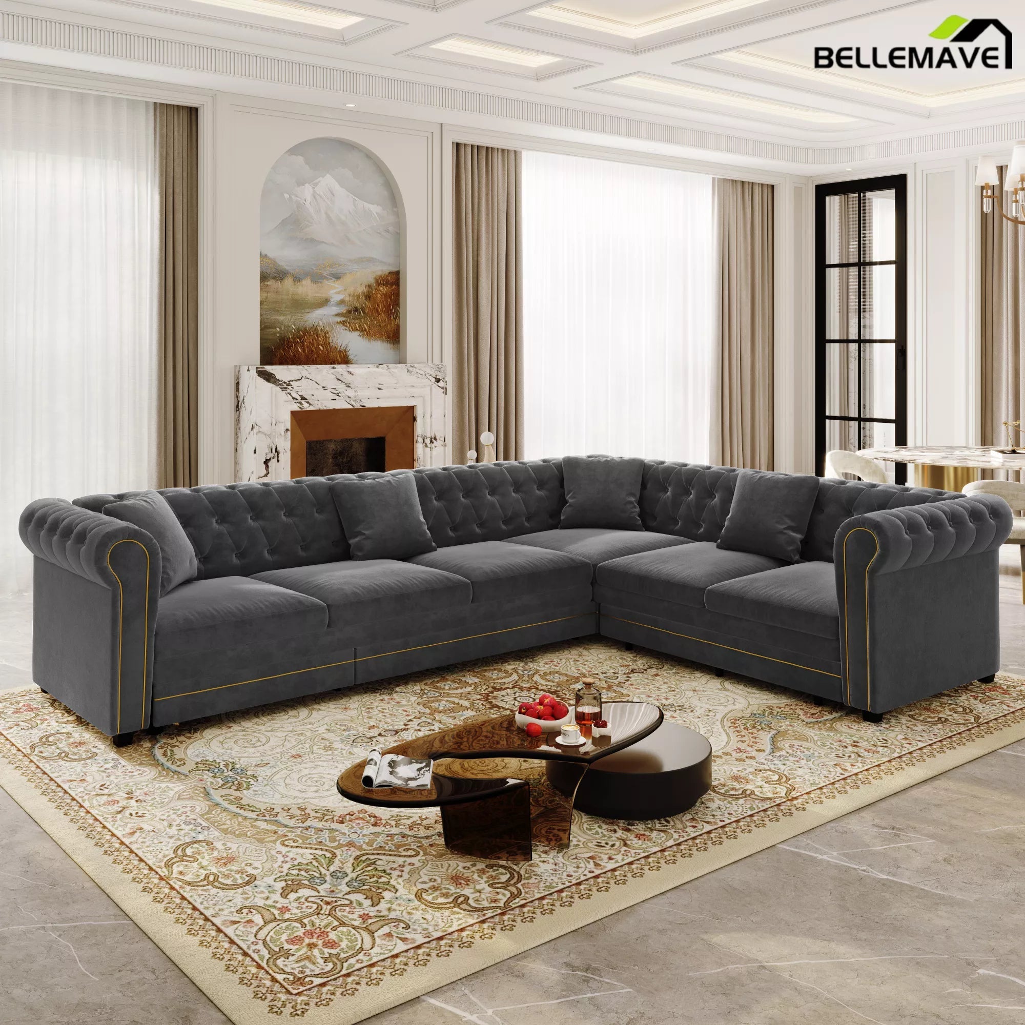Bellemave® L-Shaped Sleeper Sofa with Pull Out Bed, Convertible Velvet Sectional Couch with Deep Seating and Chesterfield Style - Bellemave