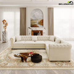 Bellemave® L-Shaped Sleeper Sofa with Pull Out Bed, Convertible Velvet Sectional Couch with Deep Seating and Chesterfield Style - Bellemave
