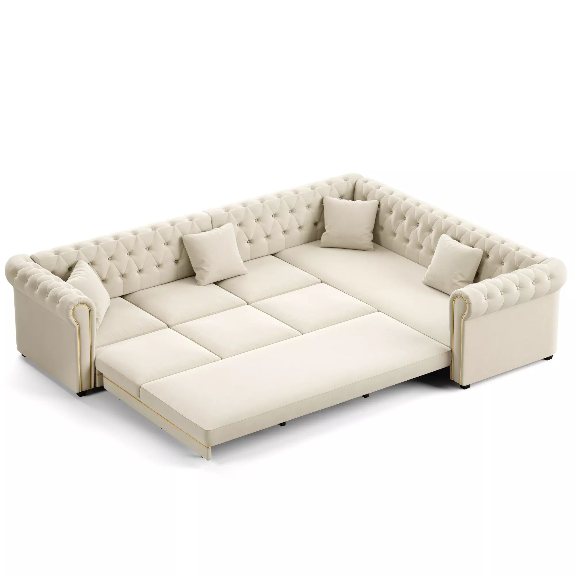 Bellemave® L-Shaped Sleeper Sofa with Pull Out Bed, Convertible Velvet Sectional Couch with Deep Seating and Chesterfield Style - Bellemave