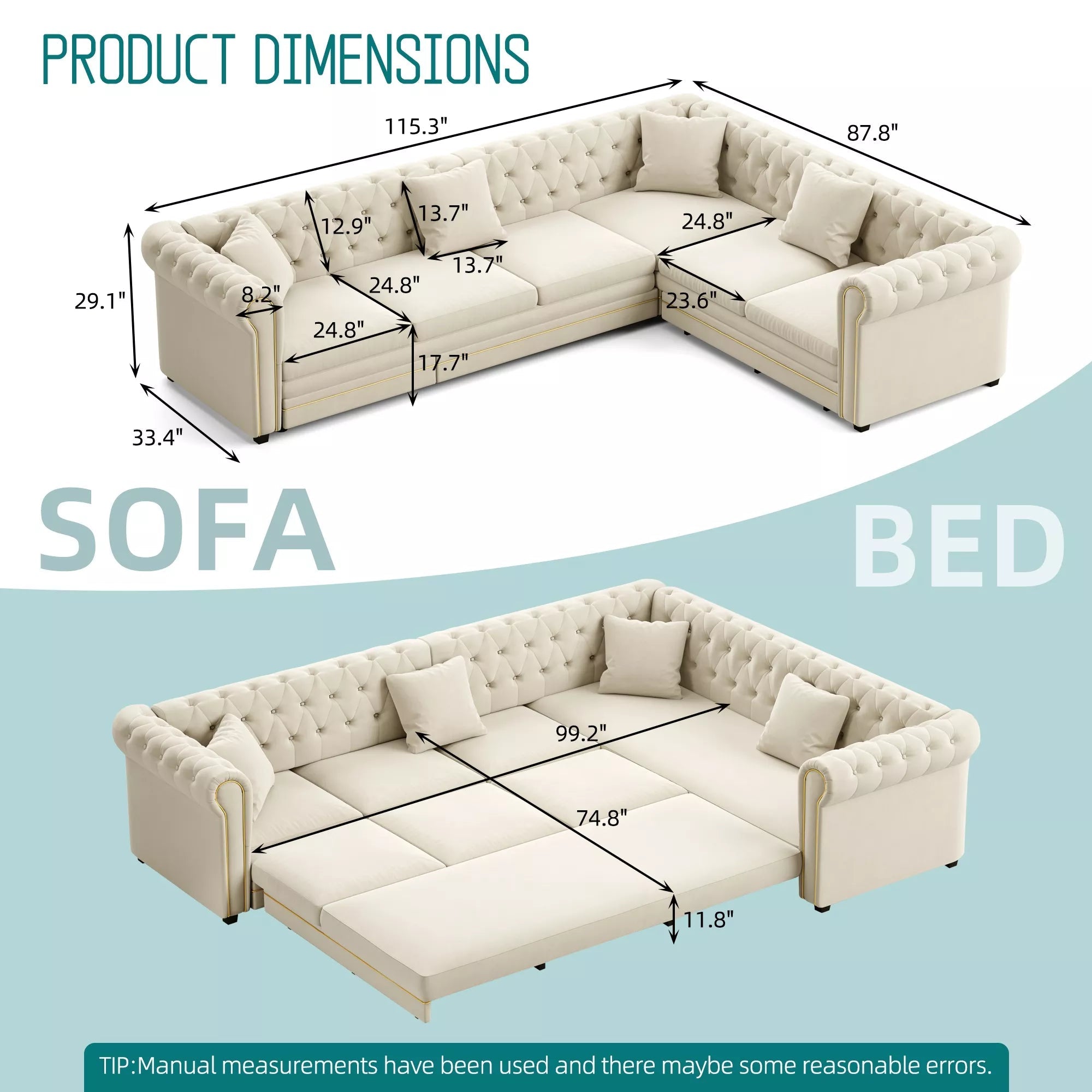 Bellemave® L-Shaped Sleeper Sofa with Pull Out Bed, Convertible Velvet Sectional Couch with Deep Seating and Chesterfield Style - Bellemave