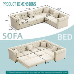 Bellemave® L-Shaped Sleeper Sofa with Pull Out Bed, Convertible Velvet Sectional Couch with Deep Seating and Chesterfield Style - Bellemave