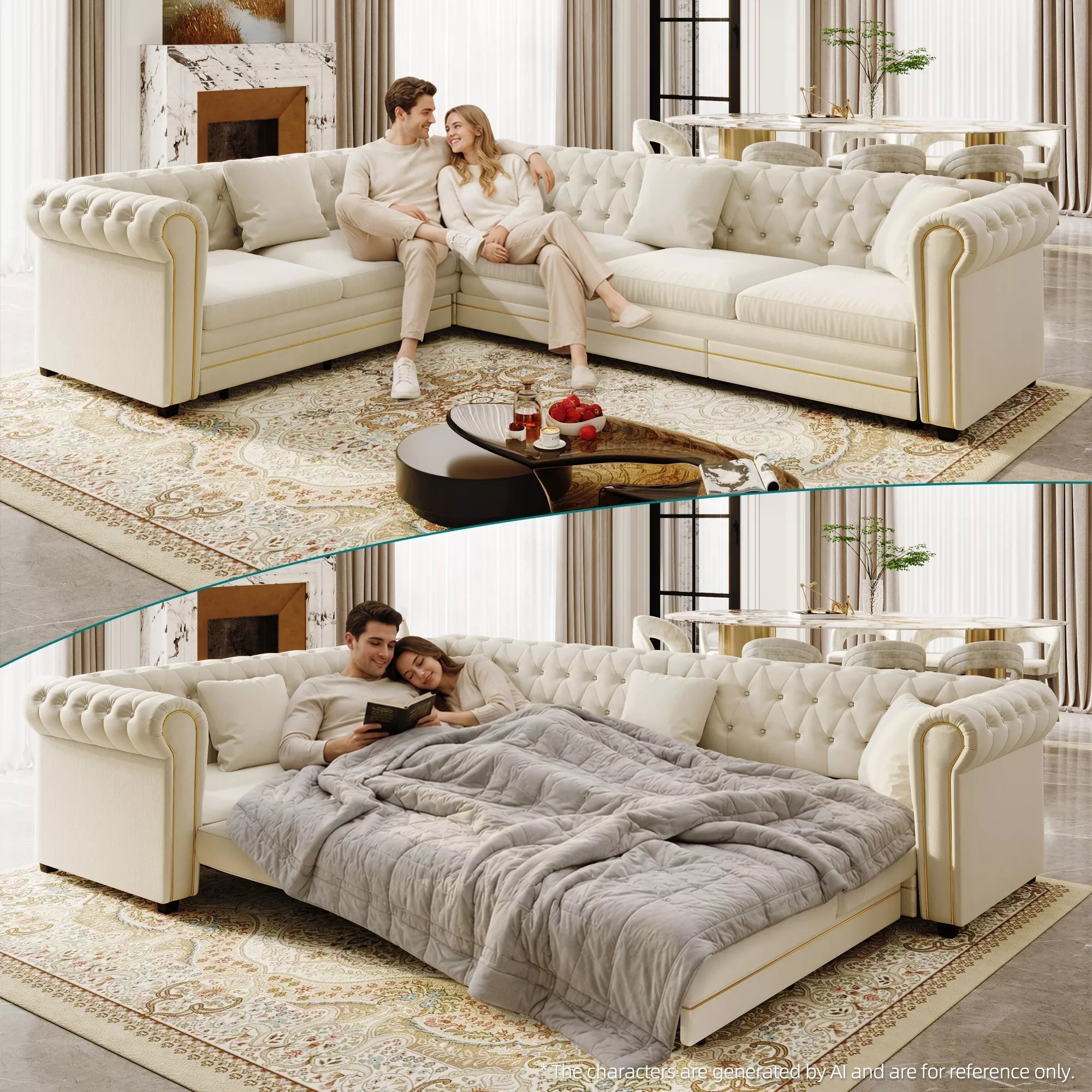 Bellemave® L-Shaped Sleeper Sofa with Pull Out Bed, Convertible Velvet Sectional Couch with Deep Seating and Chesterfield Style - Bellemave