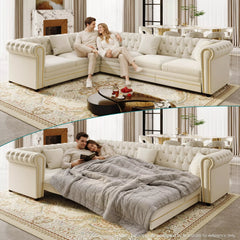 Bellemave® L-Shaped Sleeper Sofa with Pull Out Bed, Convertible Velvet Sectional Couch with Deep Seating and Chesterfield Style - Bellemave