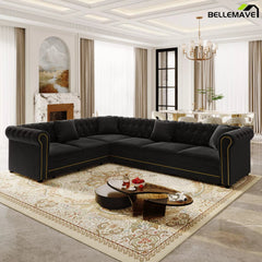 Bellemave® L-Shaped Sleeper Sofa with Pull Out Bed, Convertible Velvet Sectional Couch with Deep Seating and Chesterfield Style - Bellemave