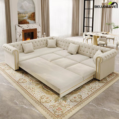 Bellemave® L-Shaped Sleeper Sofa with Pull Out Bed, Convertible Velvet Sectional Couch with Deep Seating and Chesterfield Style - Bellemave