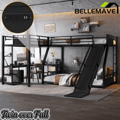 Bellemave® L-Shaped Triple Bunk Bed with Slide - Full over Queen & Twin XL Loft, Built-in Desk, Shelves | Space-Saving Metal Frame, Quiet Study Design, Black - Bellemave