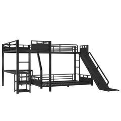 Bellemave® L-Shaped Triple Bunk Bed with Slide - Full over Queen & Twin XL Loft, Built-in Desk, Shelves | Space-Saving Metal Frame, Quiet Study Design, Black - Bellemave