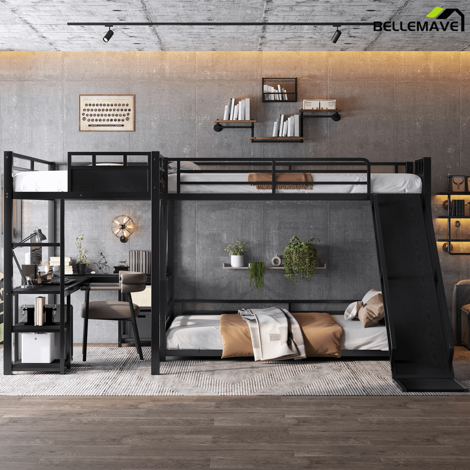 Bellemave® L - Shaped Triple Bunk Bed with Slide - Full over Queen & Twin XL Loft, Built - in Desk, Shelves | Space - Saving Metal Frame, Quiet Study Design, Black - Bellemave