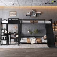 Bellemave® L - Shaped Triple Bunk Bed with Slide - Full over Queen & Twin XL Loft, Built - in Desk, Shelves | Space - Saving Metal Frame, Quiet Study Design, Black - Bellemave