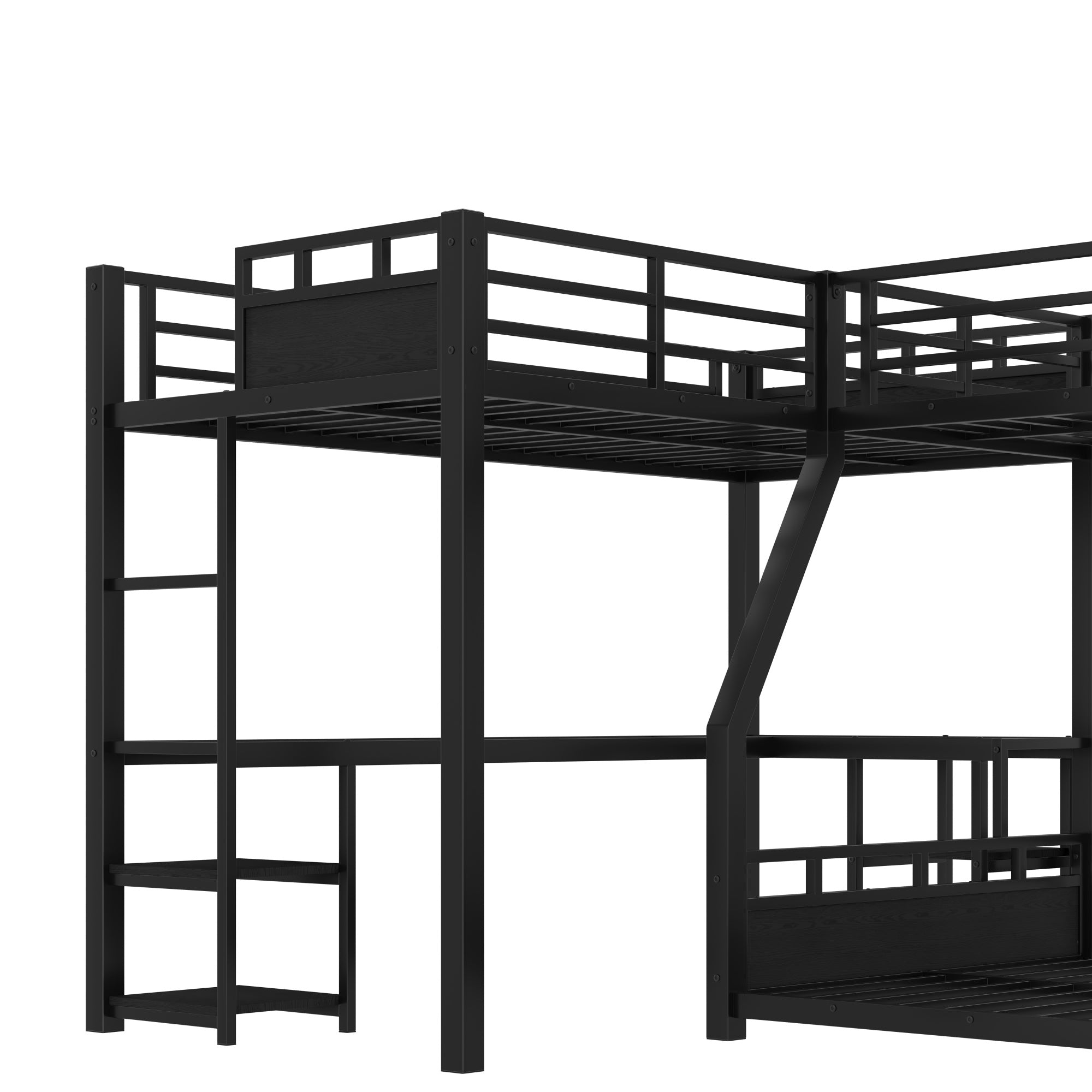 Bellemave® L - Shaped Triple Bunk Bed with Slide - Full over Queen & Twin XL Loft, Built - in Desk, Shelves | Space - Saving Metal Frame, Quiet Study Design, Black - Bellemave