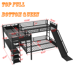 Bellemave® L - Shaped Triple Bunk Bed with Slide - Full over Queen & Twin XL Loft, Built - in Desk, Shelves | Space - Saving Metal Frame, Quiet Study Design, Black - Bellemave