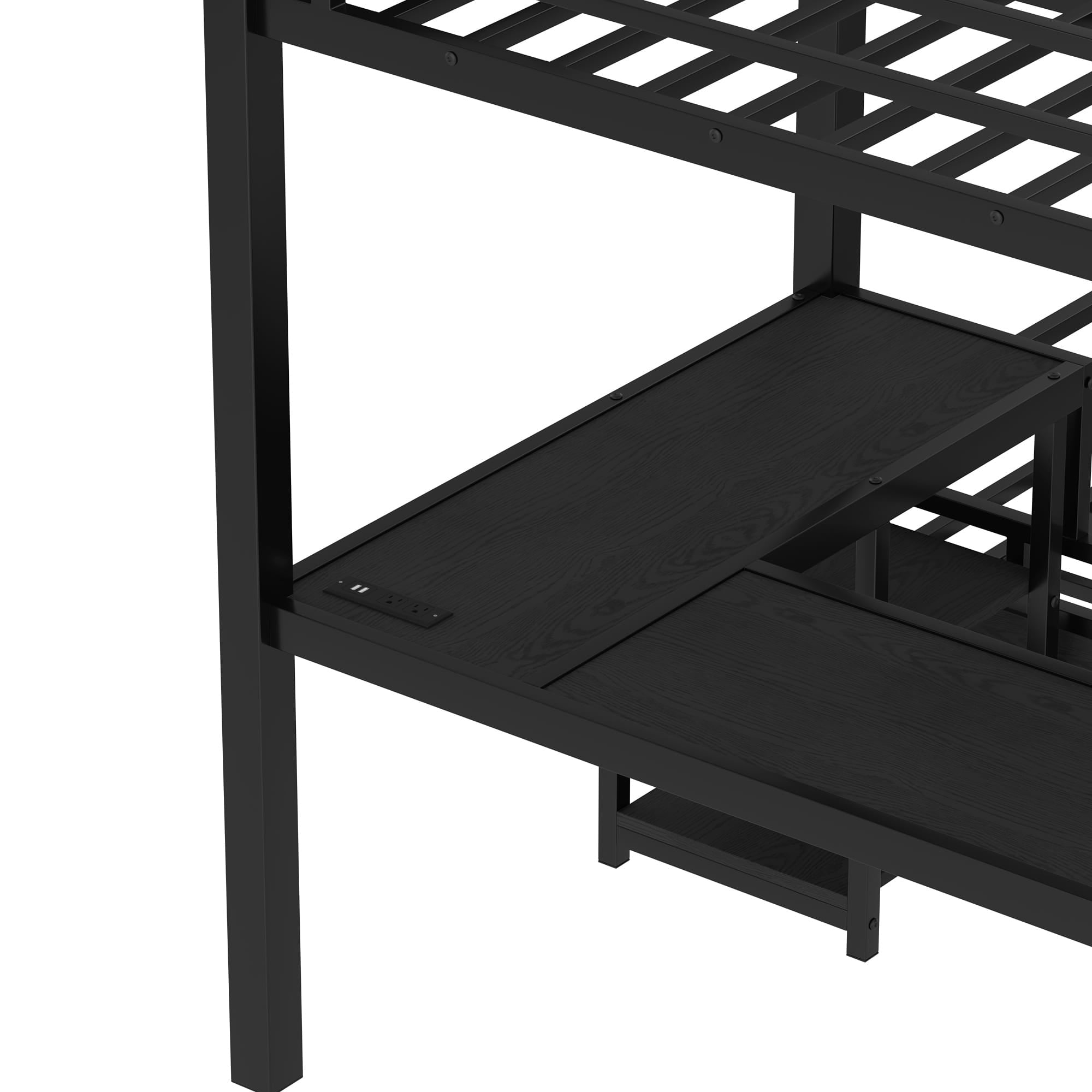Bellemave® L-Shaped Triple Bunk Bed with Slide - Full over Queen & Twin XL Loft, Built-in Desk, Shelves | Space-Saving Metal Frame, Quiet Study Design, Black - Bellemave