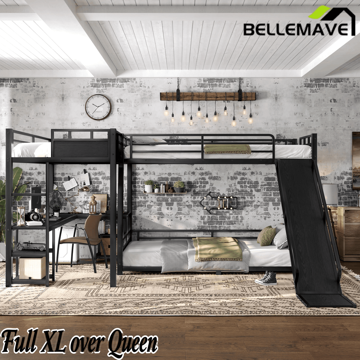 Bellemave® L-Shaped Triple Bunk Bed with Slide - Full over Queen & Twin XL Loft, Built-in Desk, Shelves | Space-Saving Metal Frame, Quiet Study Design, Black - Bellemave