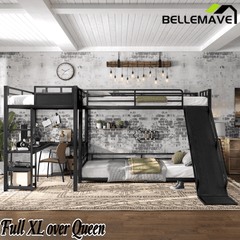 Bellemave® L-Shaped Triple Bunk Bed with Slide - Full over Queen & Twin XL Loft, Built-in Desk, Shelves | Space-Saving Metal Frame, Quiet Study Design, Black - Bellemave