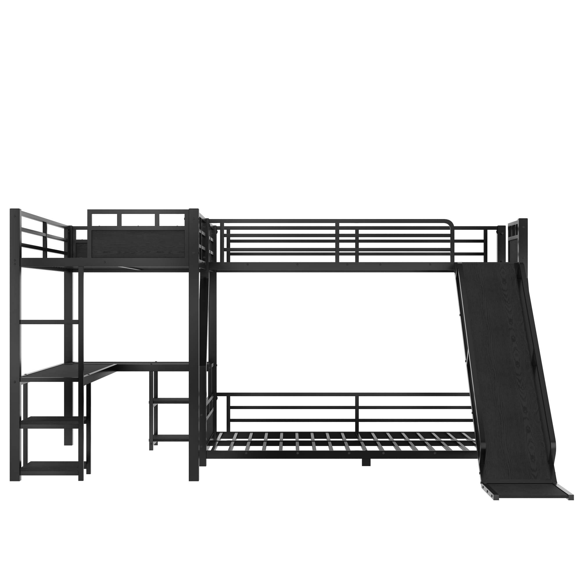 Bellemave® L-Shaped Triple Bunk Bed with Slide - Full over Queen & Twin XL Loft, Built-in Desk, Shelves | Space-Saving Metal Frame, Quiet Study Design, Black - Bellemave