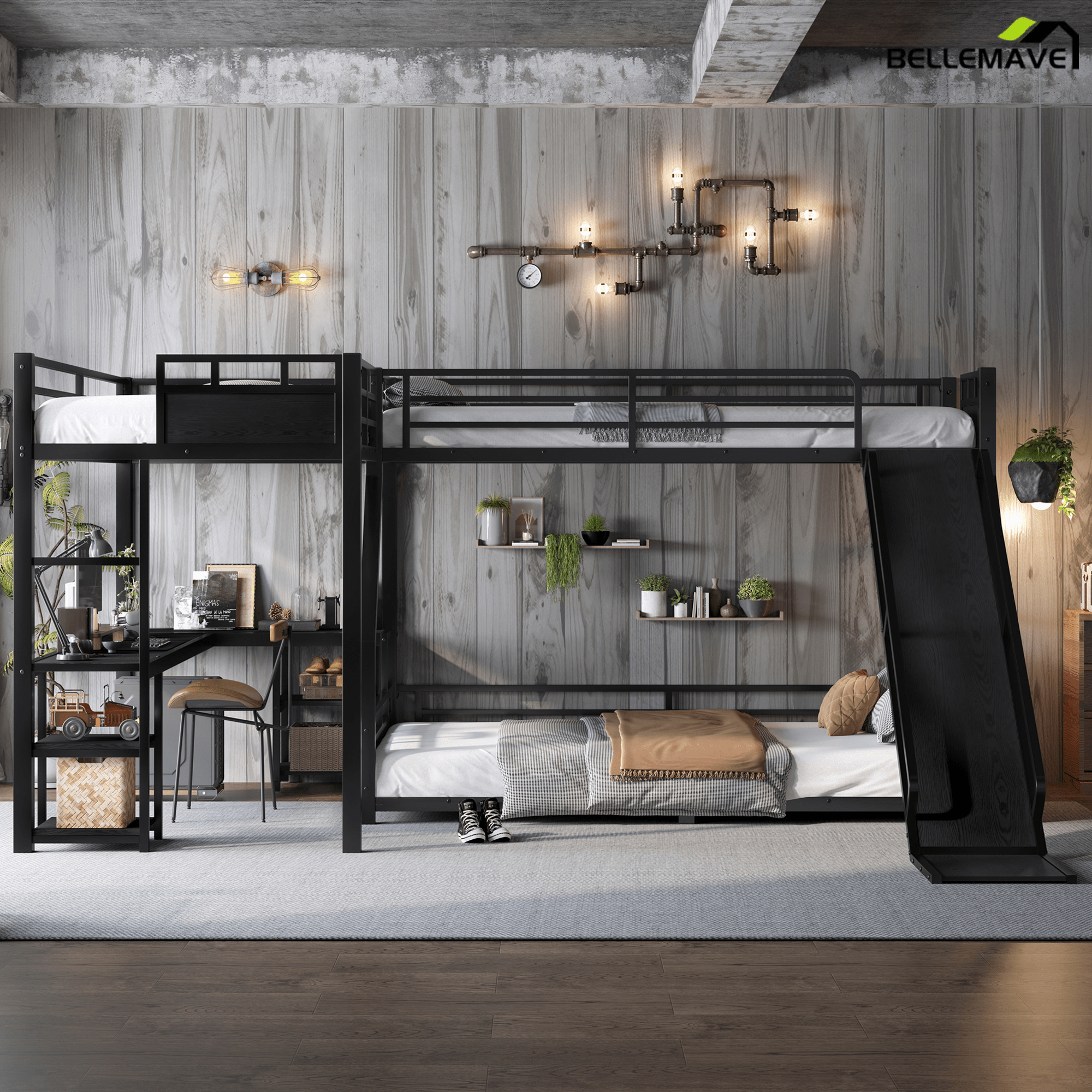 Bellemave® L - Shaped Triple Bunk Bed with Slide - Full over Queen & Twin XL Loft, Built - in Desk, Shelves | Space - Saving Metal Frame, Quiet Study Design, Black - Bellemave