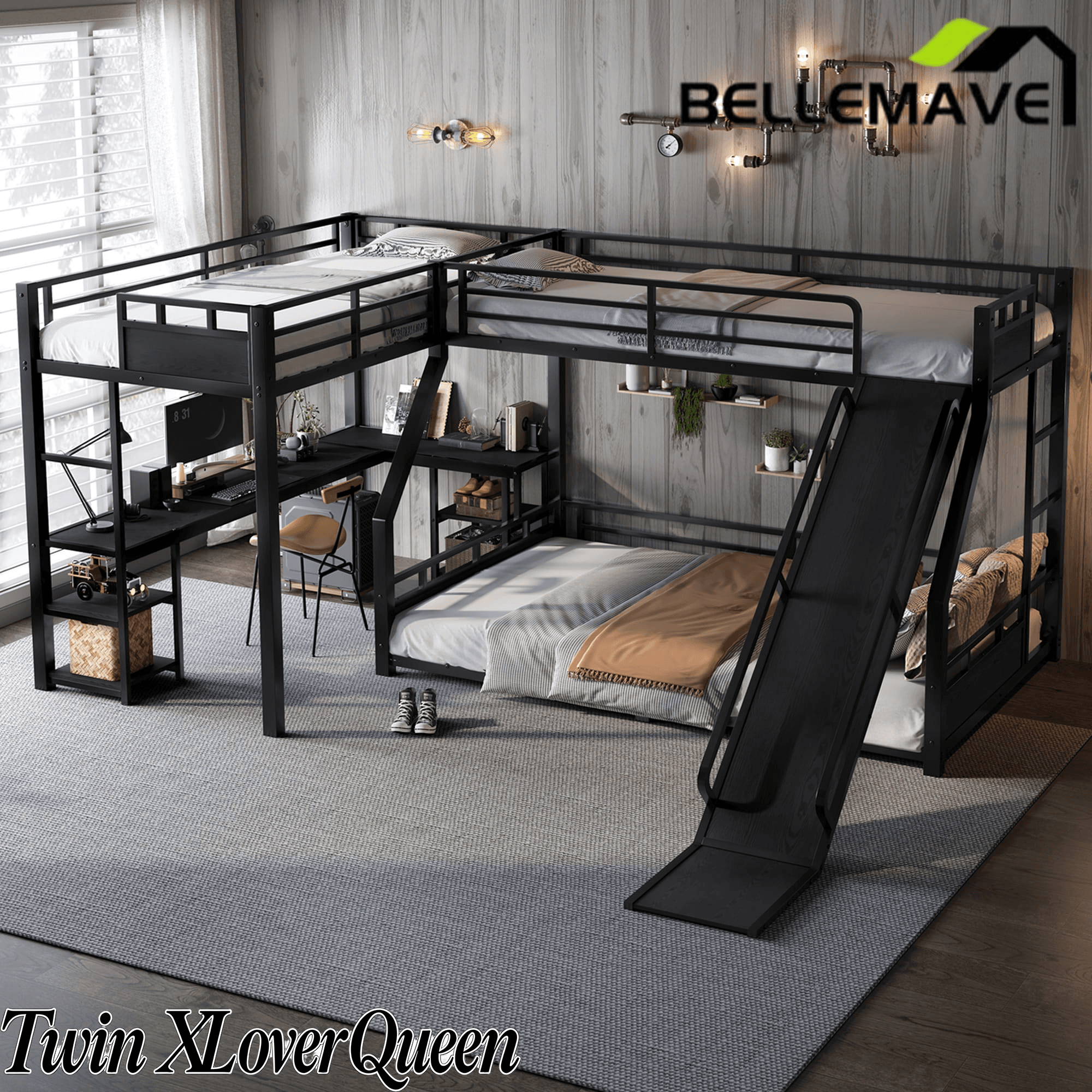 Bellemave® L-Shaped Triple Bunk Bed with Slide - Full over Queen & Twin XL Loft, Built-in Desk, Shelves | Space-Saving Metal Frame, Quiet Study Design, Black - Bellemave