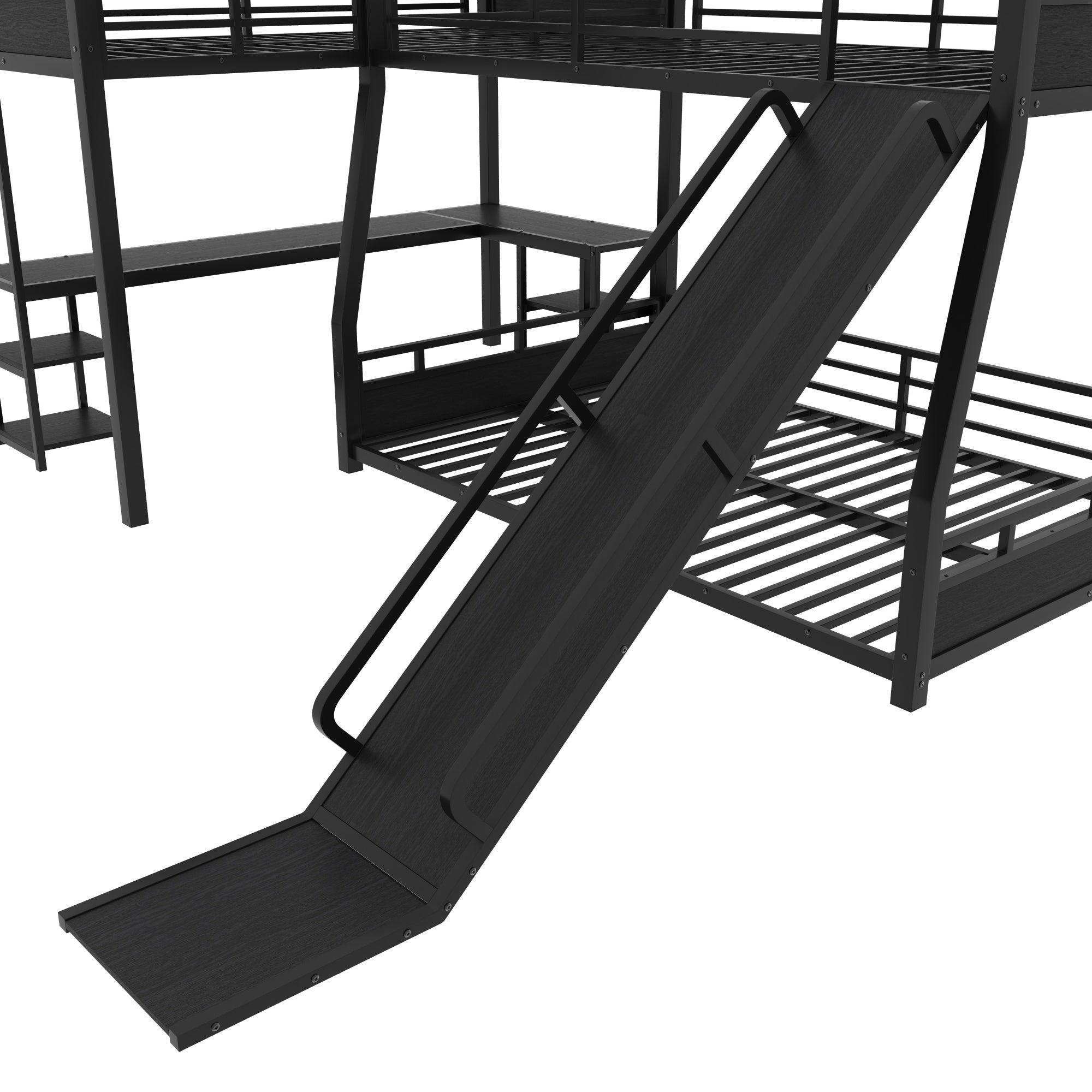 Bellemave® L - Shaped Triple Bunk Bed with Slide - Full over Queen & Twin XL Loft, Built - in Desk, Shelves | Space - Saving Metal Frame, Quiet Study Design, Black - Bellemave