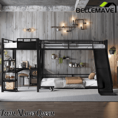 Bellemave® L-Shaped Triple Bunk Bed with Slide - Full over Queen & Twin XL Loft, Built-in Desk, Shelves | Space-Saving Metal Frame, Quiet Study Design, Black - Bellemave