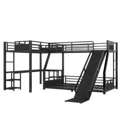 Bellemave® L-Shaped Triple Bunk Bed with Slide - Full over Queen & Twin XL Loft, Built-in Desk, Shelves | Space-Saving Metal Frame, Quiet Study Design, Black - Bellemave