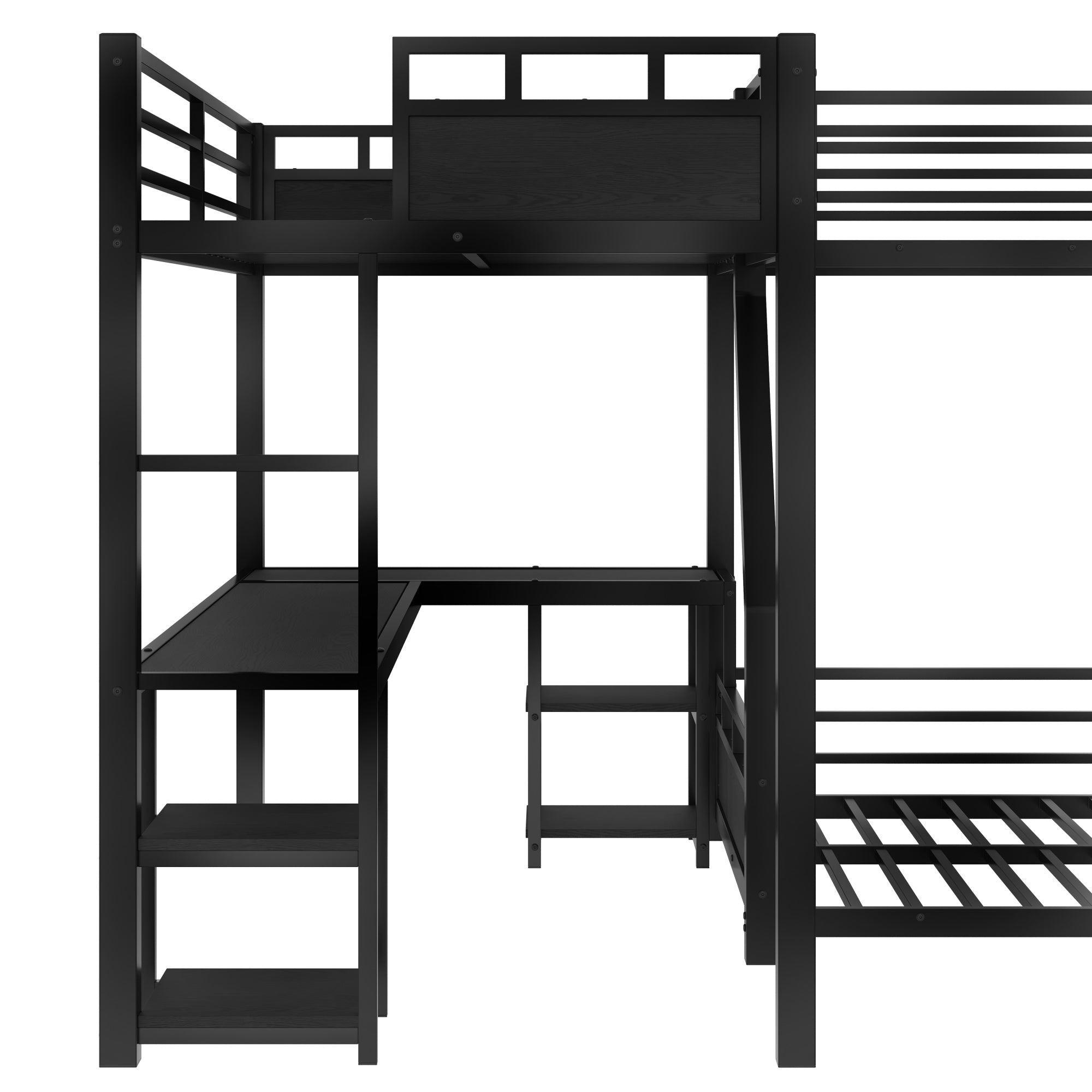 Bellemave® L - Shaped Triple Bunk Bed with Slide - Full over Queen & Twin XL Loft, Built - in Desk, Shelves | Space - Saving Metal Frame, Quiet Study Design, Black - Bellemave