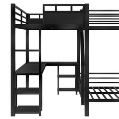Bellemave® L - Shaped Triple Bunk Bed with Slide - Full over Queen & Twin XL Loft, Built - in Desk, Shelves | Space - Saving Metal Frame, Quiet Study Design, Black - Bellemave