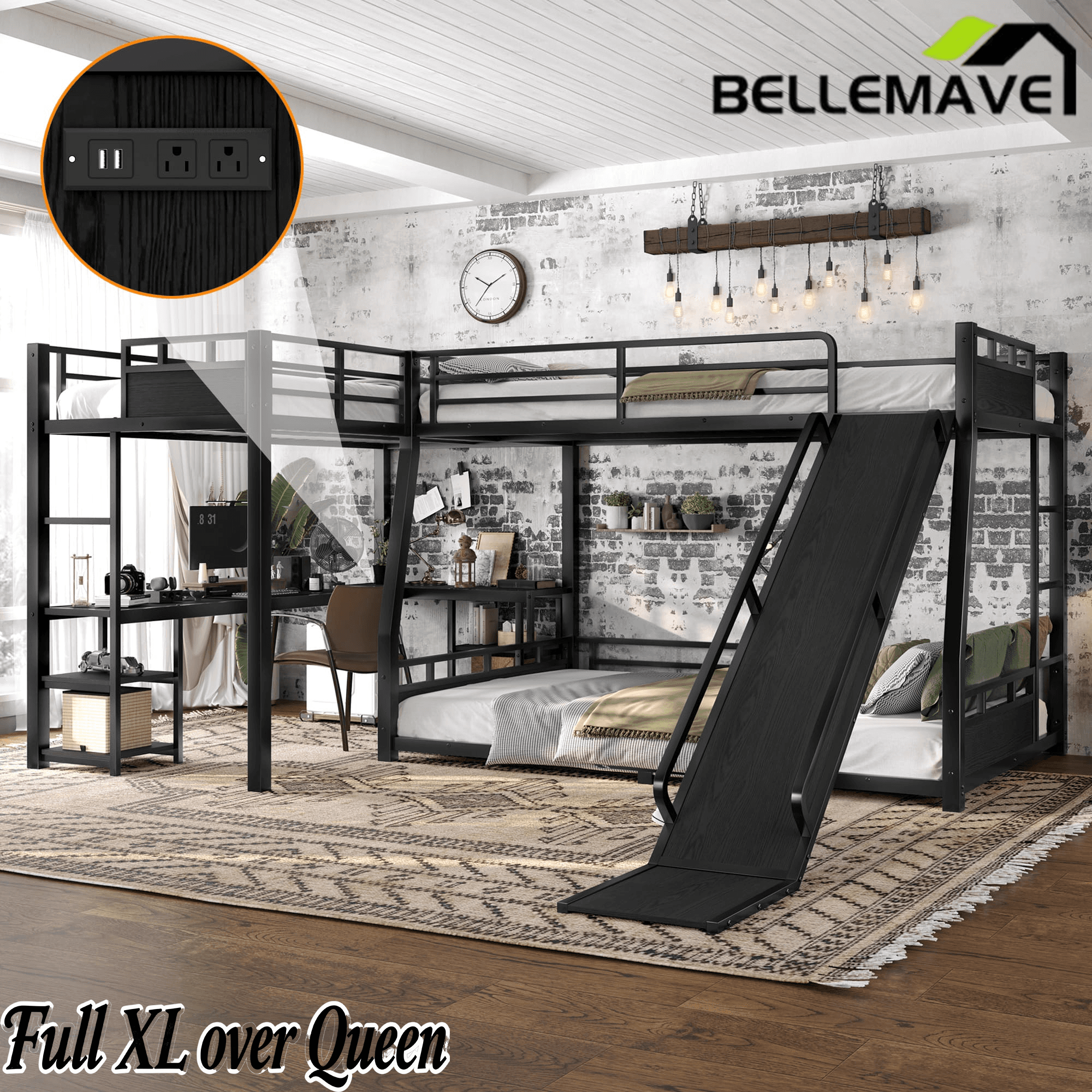 Bellemave® L-Shaped Triple Bunk Bed with Slide - Full over Queen & Twin XL Loft, Built-in Desk, Shelves | Space-Saving Metal Frame, Quiet Study Design, Black - Bellemave