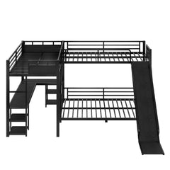 Bellemave® L-Shaped Triple Bunk Bed with Slide - Full over Queen & Twin XL Loft, Built-in Desk, Shelves | Space-Saving Metal Frame, Quiet Study Design, Black - Bellemave