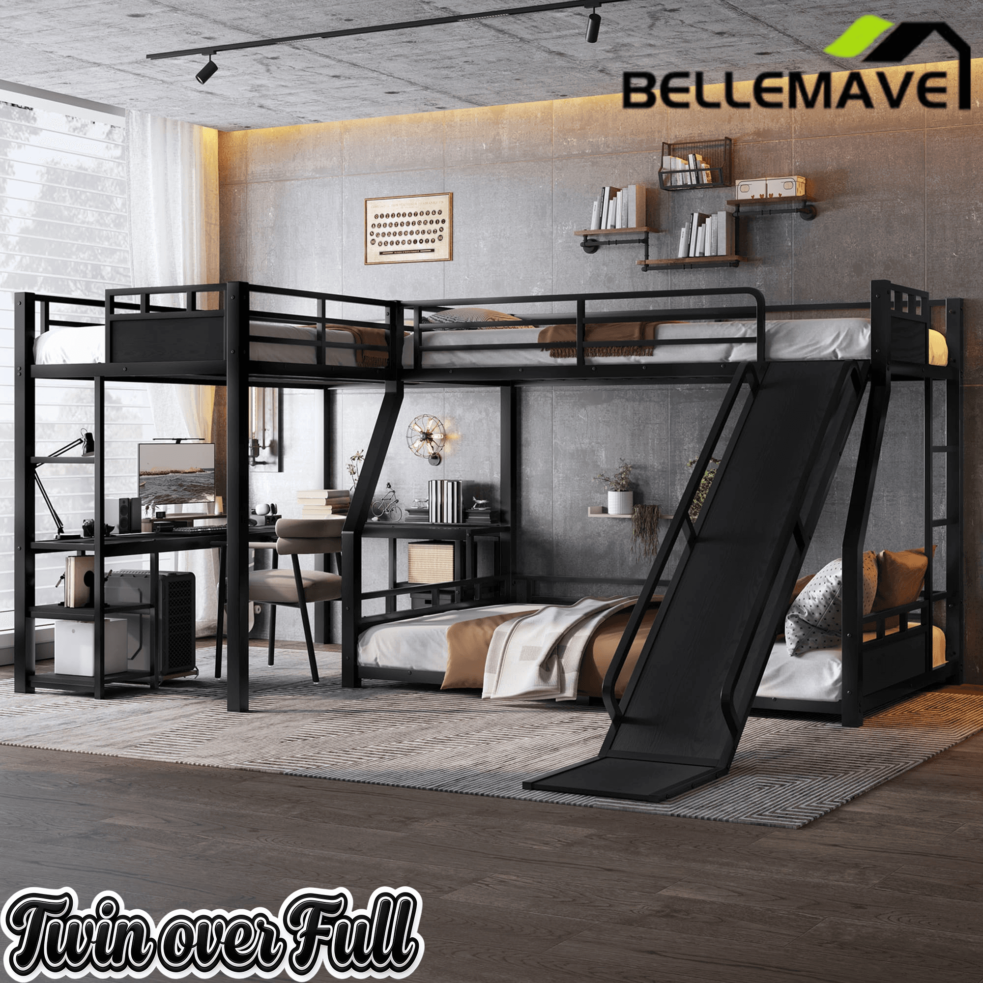 Bellemave® L-Shaped Triple Bunk Bed with Slide - Full over Queen & Twin XL Loft, Built-in Desk, Shelves | Space-Saving Metal Frame, Quiet Study Design, Black - Bellemave