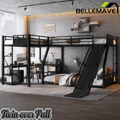 Bellemave® L-Shaped Triple Bunk Bed with Slide - Full over Queen & Twin XL Loft, Built-in Desk, Shelves | Space-Saving Metal Frame, Quiet Study Design, Black - Bellemave