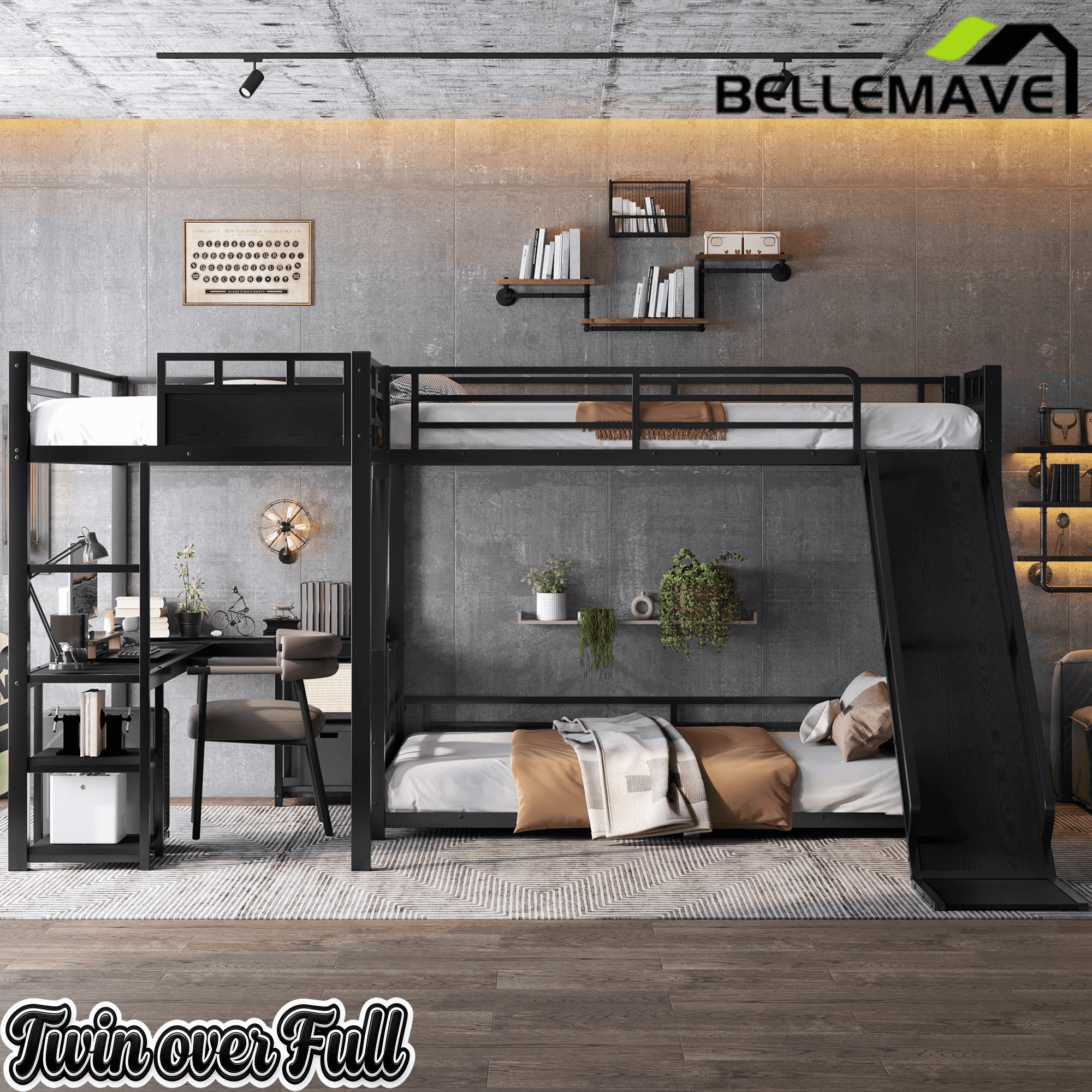 Bellemave® L-Shaped Triple Bunk Bed with Slide - Full over Queen & Twin XL Loft, Built-in Desk, Shelves | Space-Saving Metal Frame, Quiet Study Design, Black - Bellemave