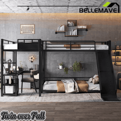 Bellemave® L-Shaped Triple Bunk Bed with Slide - Full over Queen & Twin XL Loft, Built-in Desk, Shelves | Space-Saving Metal Frame, Quiet Study Design, Black - Bellemave