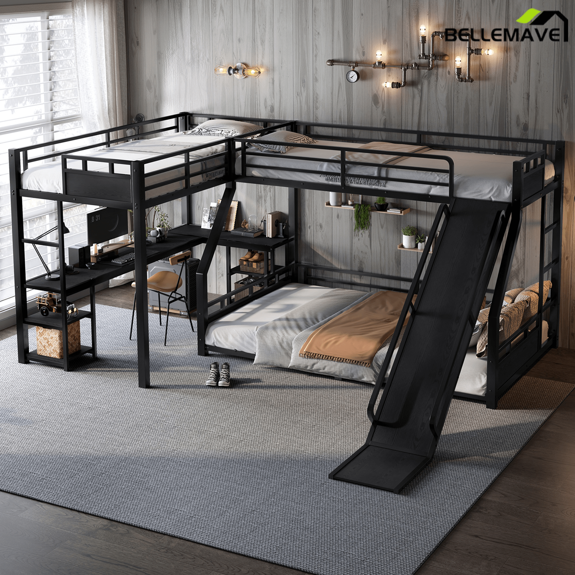 Bellemave® L - Shaped Triple Bunk Bed with Slide - Full over Queen & Twin XL Loft, Built - in Desk, Shelves | Space - Saving Metal Frame, Quiet Study Design, Black - Bellemave