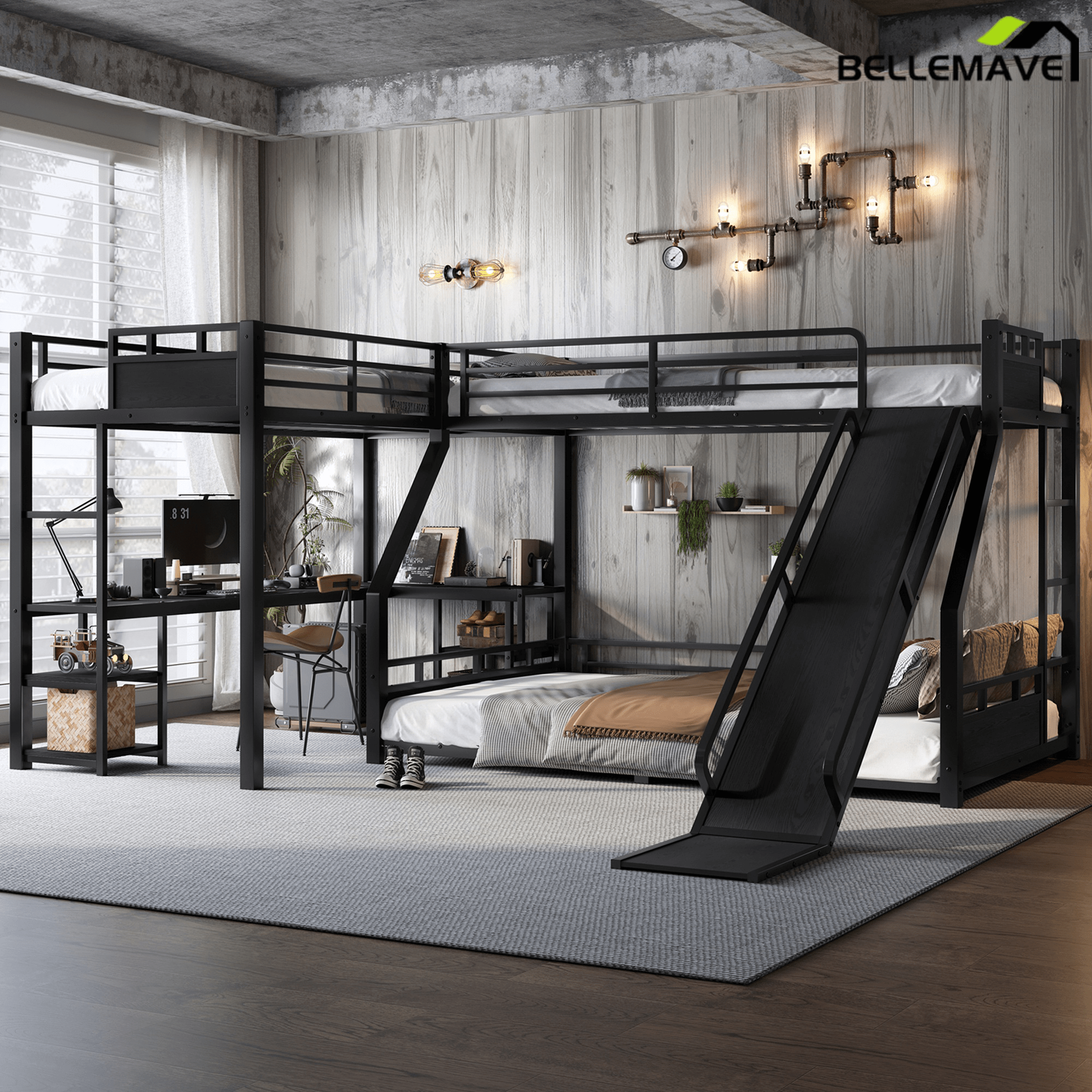 Bellemave® L - Shaped Triple Bunk Bed with Slide - Full over Queen & Twin XL Loft, Built - in Desk, Shelves | Space - Saving Metal Frame, Quiet Study Design, Black - Bellemave