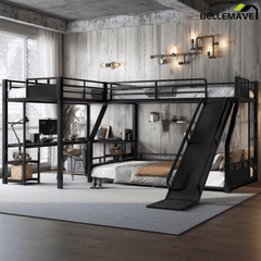 Bellemave® L - Shaped Triple Bunk Bed with Slide - Full over Queen & Twin XL Loft, Built - in Desk, Shelves | Space - Saving Metal Frame, Quiet Study Design, Black - Bellemave