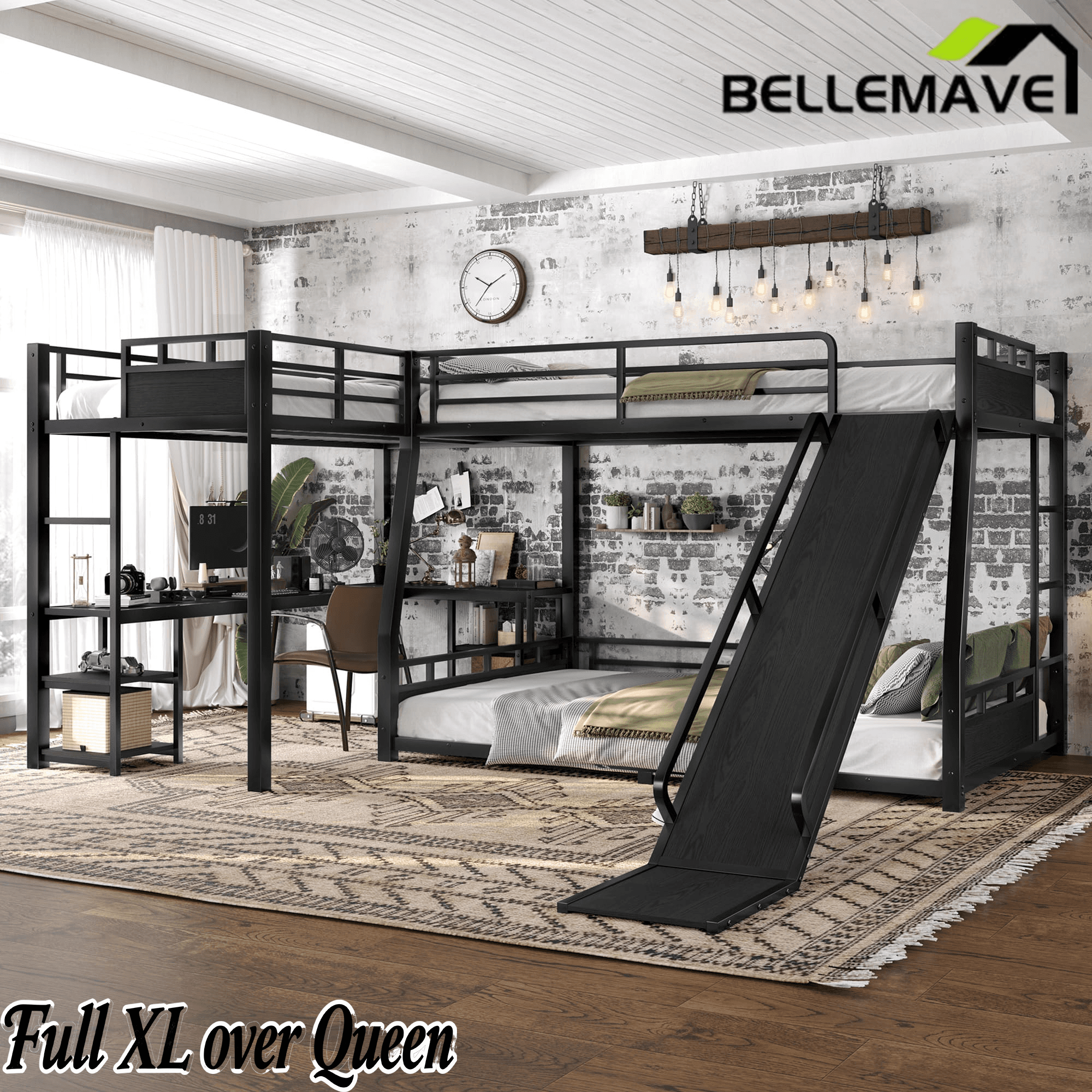 Bellemave® L-Shaped Triple Bunk Bed with Slide - Full over Queen & Twin XL Loft, Built-in Desk, Shelves | Space-Saving Metal Frame, Quiet Study Design, Black - Bellemave